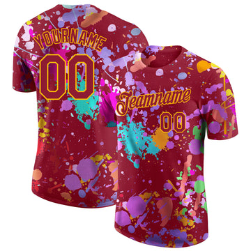 Custom Graffiti Pattern Crimson-Gold Vibrant Multicolor Paint Splatter Performance T-Shirt