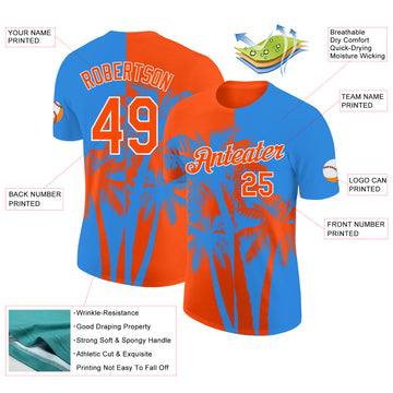 Custom Powder Blue Orange-White Hawaii Tropical Coastal Palm Trees Performance T-Shirt