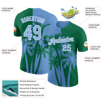 Custom Kelly Green Light Blue-White Hawaii Tropical Coastal Palm Trees Performance T-Shirt