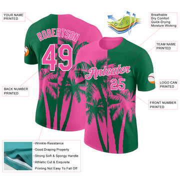 Custom Kelly Green Pink-White Hawaii Tropical Coastal Palm Trees Performance T-Shirt