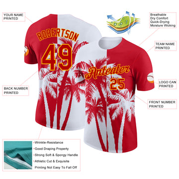 Custom Red White-Yellow Hawaii Tropical Coastal Palm Trees Performance T-Shirt