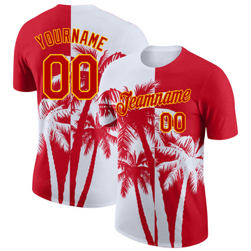 Custom Red White-Yellow Hawaii Tropical Coastal Palm Trees Performance T-Shirt