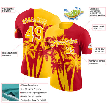 Custom Red Yellow-White Hawaii Tropical Coastal Palm Trees Performance T-Shirt