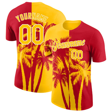 Custom Red Yellow-White Hawaii Tropical Coastal Palm Trees Performance T-Shirt