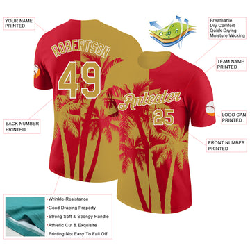 Custom Red Old Gold-White Hawaii Tropical Coastal Palm Trees Performance T-Shirt