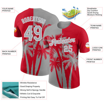 Custom Red Gray-White Hawaii Tropical Coastal Palm Trees Performance T-Shirt