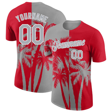 Custom Red Gray-White Hawaii Tropical Coastal Palm Trees Performance T-Shirt