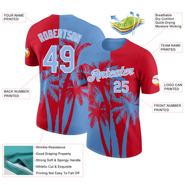 Custom Red Light Blue-White Hawaii Tropical Coastal Palm Trees Performance T-Shirt