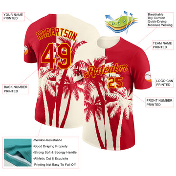 Custom Red Cream-Yellow Hawaii Tropical Coastal Palm Trees Performance T-Shirt