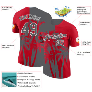 Custom Red Steel Gray-White Hawaii Tropical Coastal Palm Trees Performance T-Shirt