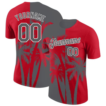 Custom Red Steel Gray-White Hawaii Tropical Coastal Palm Trees Performance T-Shirt