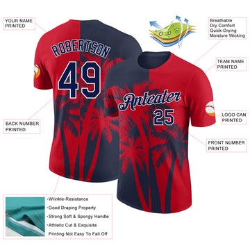 Custom Red Navy-White Hawaii Tropical Coastal Palm Trees Performance T-Shirt