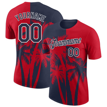 Custom Red Navy-White Hawaii Tropical Coastal Palm Trees Performance T-Shirt