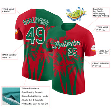Custom Red Kelly Green-White Hawaii Tropical Coastal Palm Trees Performance T-Shirt