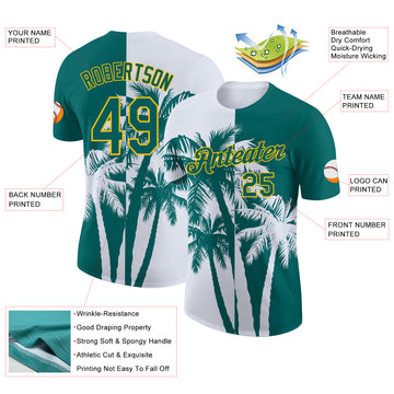 Custom Teal White-Yellow Hawaii Tropical Coastal Palm Trees Performance T-Shirt