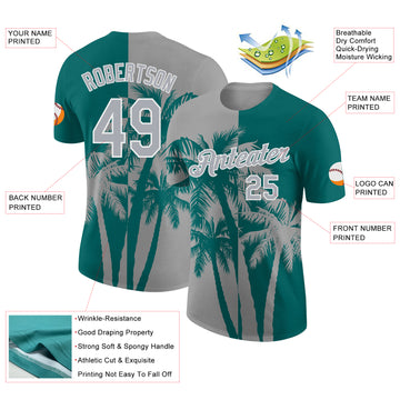 Custom Teal Gray-White Hawaii Tropical Coastal Palm Trees Performance T-Shirt
