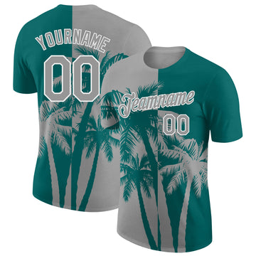 Custom Teal Gray-White Hawaii Tropical Coastal Palm Trees Performance T-Shirt