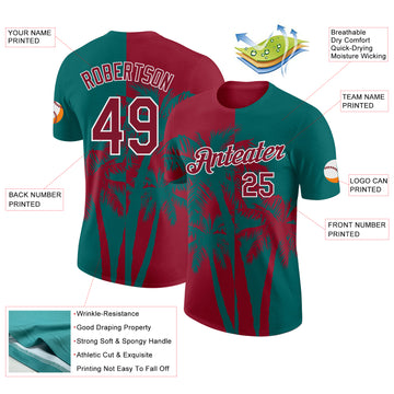 Custom Teal Crimson-White Hawaii Tropical Coastal Palm Trees Performance T-Shirt