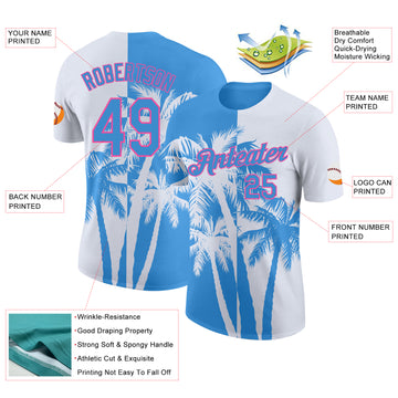 Custom White Powder Blue-Pink Hawaii Tropical Coastal Palm Trees Performance T-Shirt