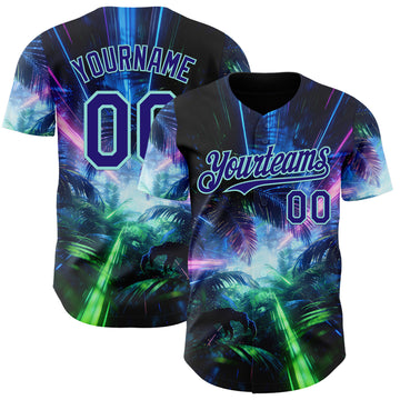 Custom Black Dark Purple-Ice Blue Cyber Tropical Palm Trees Dinosaur Gothic Fantasy Authentic Baseball Jersey