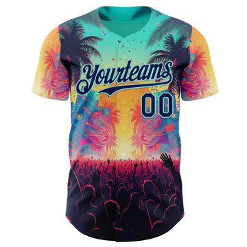 Custom Ice Blue-Navy Cyber Tropical Palm Trees Music Festival Authentic Baseball Jersey