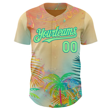 Custom Yellow Pea Green-Aqua Cyber Tropical Palm Trees Music Festival Authentic Baseball Jersey