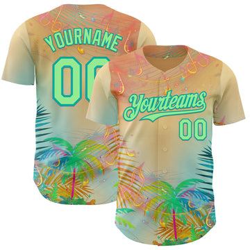Custom Yellow Pea Green-Aqua Cyber Tropical Palm Trees Music Festival Authentic Baseball Jersey