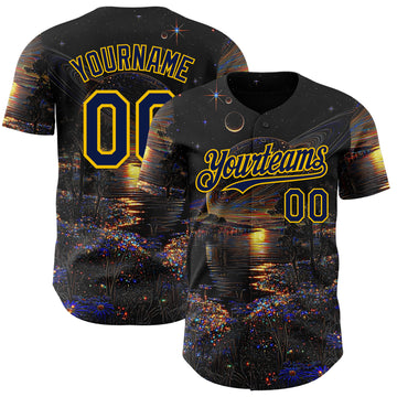 Custom Black Navy-Yellow Galaxy Star Authentic Baseball Jersey