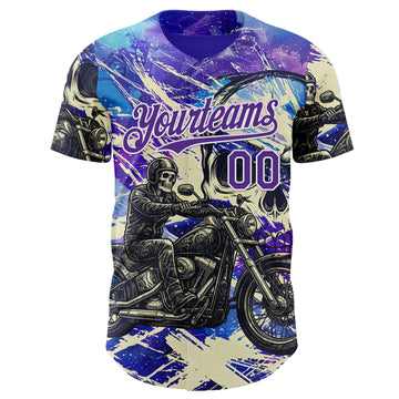 Custom Purple Cream-White 3D Pattern Design Motorcycle Motocross Skull Authentic Baseball Jersey