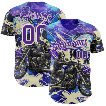 Custom Purple Cream-White 3D Pattern Design Motorcycle Motocross Skull Authentic Baseball Jersey