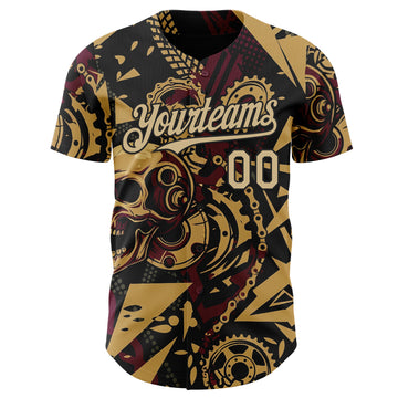 Custom Black Vegas Gold Old Gold-Red 3D Pattern Design Motorcycle Motocross Skull Authentic Baseball Jersey