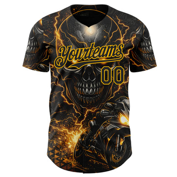 Custom Black-Gold 3D Pattern Design Motorcycle Motocross Skull Authentic Baseball Jersey
