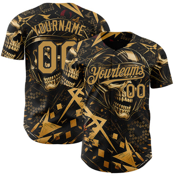 Custom Black-Old Gold 3D Pattern Design Motorcycle Motocross Skull Authentic Baseball Jersey