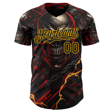 Custom Black Red-Gold 3D Pattern Design Motorcycle Motocross Skull Authentic Baseball Jersey