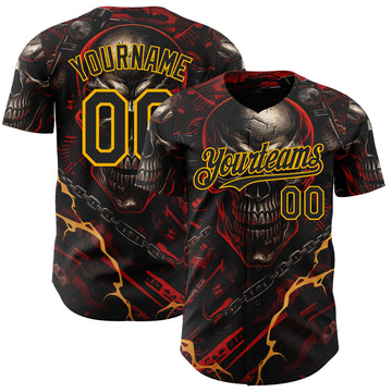 Custom Black Red-Gold 3D Pattern Design Motorcycle Motocross Skull Authentic Baseball Jersey