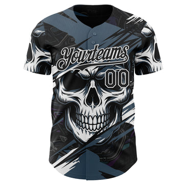 Custom Black Blue-White 3D Pattern Design Motorcycle Motocross Skull Authentic Baseball Jersey