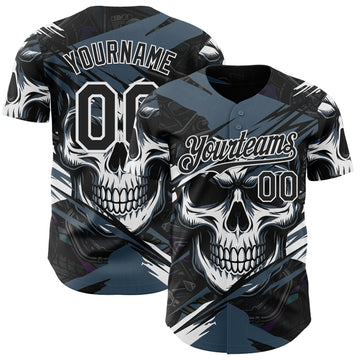 Custom Black Blue-White 3D Pattern Design Motorcycle Motocross Skull Authentic Baseball Jersey