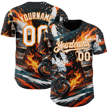 Custom Black White Red-Bay Orange 3D Pattern Design Motorcycle Motocross Skull Flame Authentic Baseball Jersey