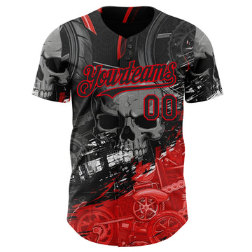 Custom Black-Fire Red 3D Pattern Design Motorcycle Motocross Skull Authentic Baseball Jersey