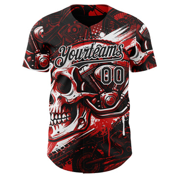 Custom Black Red-White 3D Pattern Design Motorcycle Motocross Skull Authentic Baseball Jersey