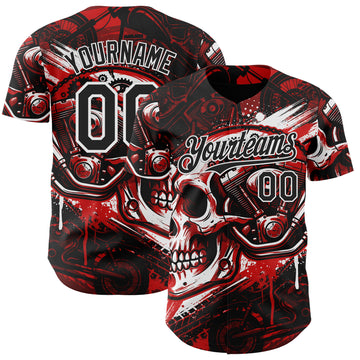 Custom Black Red-White 3D Pattern Design Motorcycle Motocross Skull Authentic Baseball Jersey