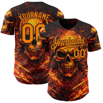 Custom Black-Bay Orange 3D Pattern Design Motorcycle Motocross Skull Flame Authentic Baseball Jersey