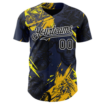 Custom Navy Black Yellow-White 3D Pattern Design Motorcycle Motocross Skull Authentic Baseball Jersey