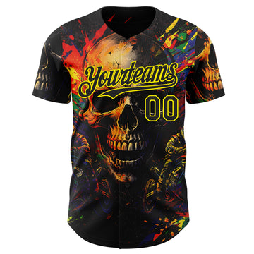 Custom Black-Light Yellow 3D Pattern Design Motorcycle Motocross Skull Authentic Baseball Jersey