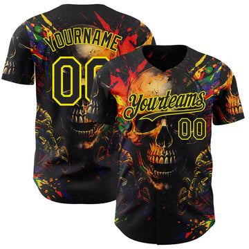 Custom Black-Light Yellow 3D Pattern Design Motorcycle Motocross Skull Authentic Baseball Jersey