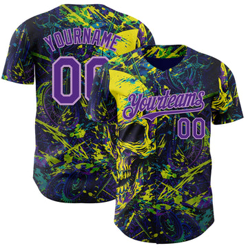 Custom Blue Purple Yellow-Light Purple 3D Pattern Design Motorcycle Motocross Skull Authentic Baseball Jersey