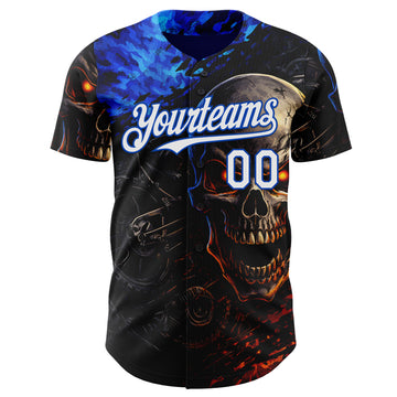 Custom Black White-Thunder Blue 3D Pattern Design Motorcycle Motocross Skull Authentic Baseball Jersey