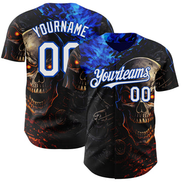 Custom Black White-Thunder Blue 3D Pattern Design Motorcycle Motocross Skull Authentic Baseball Jersey