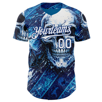 Custom Blue White-Royal 3D Pattern Design Motorcycle Motocross Skull Authentic Baseball Jersey
