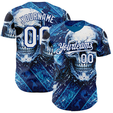 Custom Blue White-Royal 3D Pattern Design Motorcycle Motocross Skull Authentic Baseball Jersey